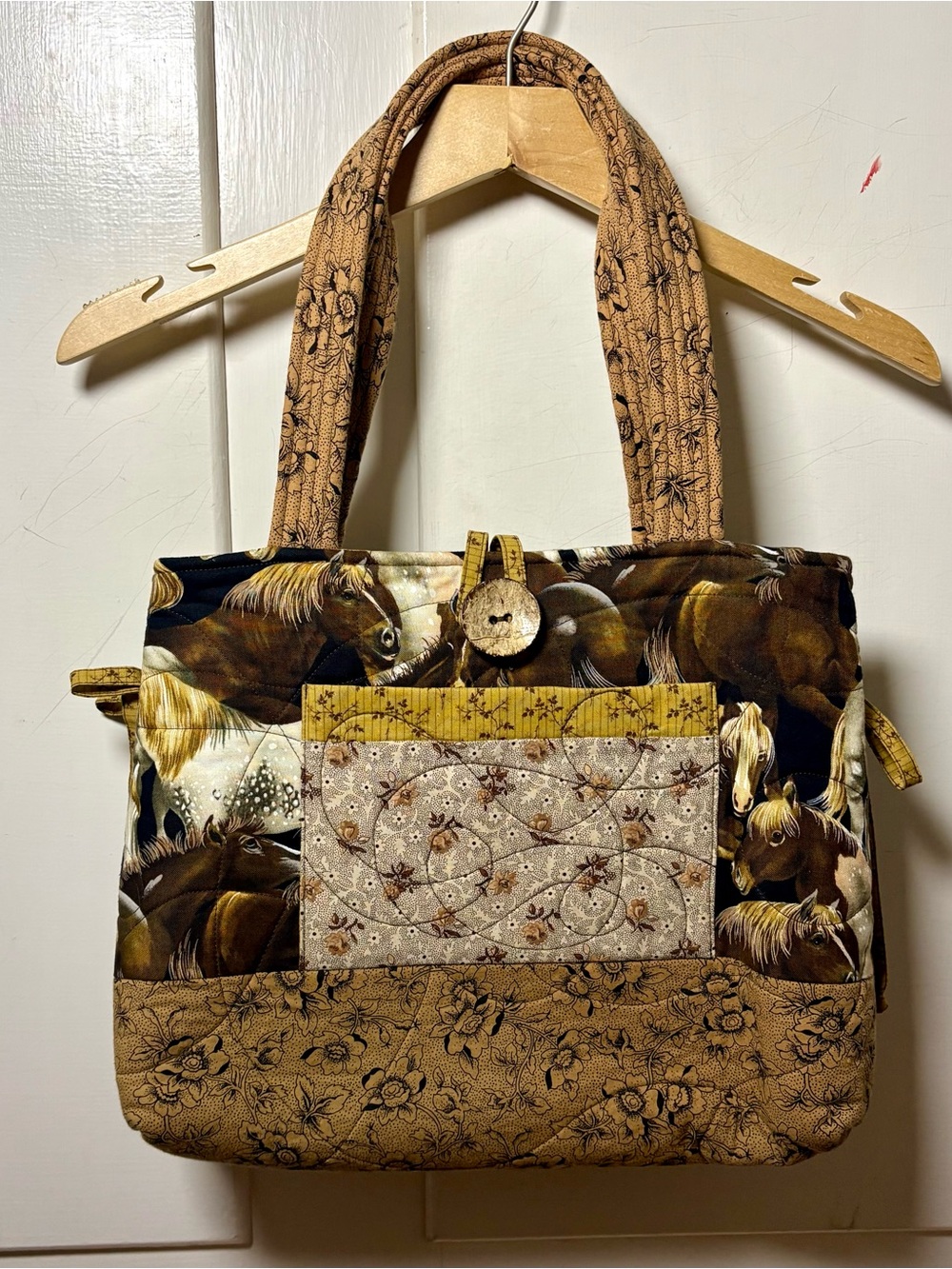 Vintage 90s Brown Tan Quilted Floral Horse Print Tote Shoulder Bag Purse
